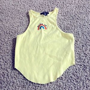 Like crop top with rainbow saying “over it “